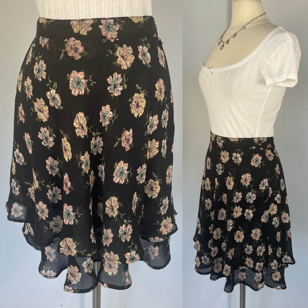 Y2K Mini Skirt Medium Black Pink Floral Flirty Asymmetrical Chiffon Feminine - Picture 13 of 13